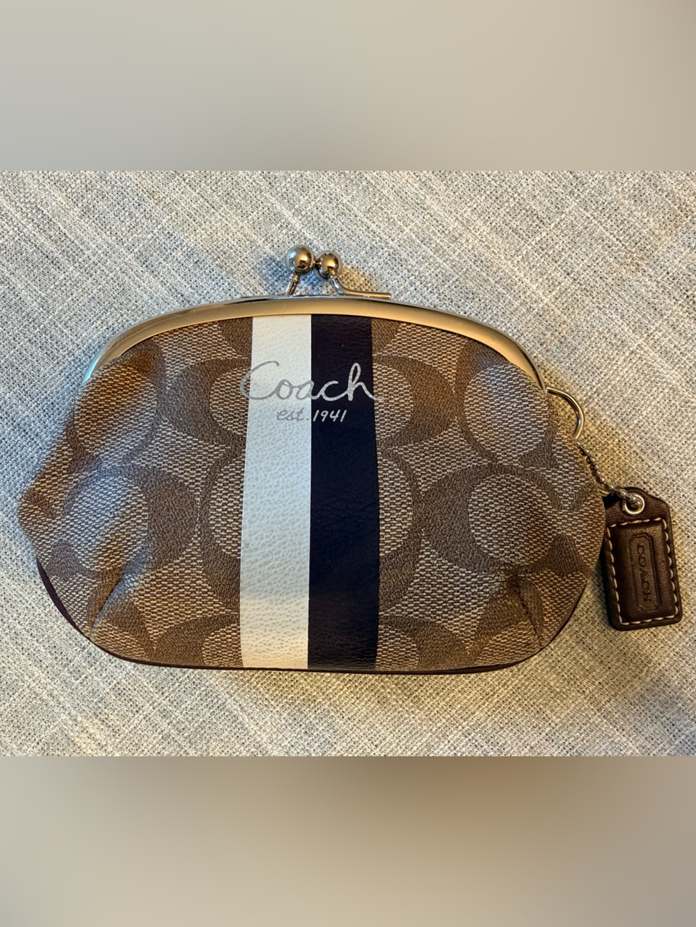 VINTAGE Coach Brown Signature Stripe Kiss-Lock Coin Pouch